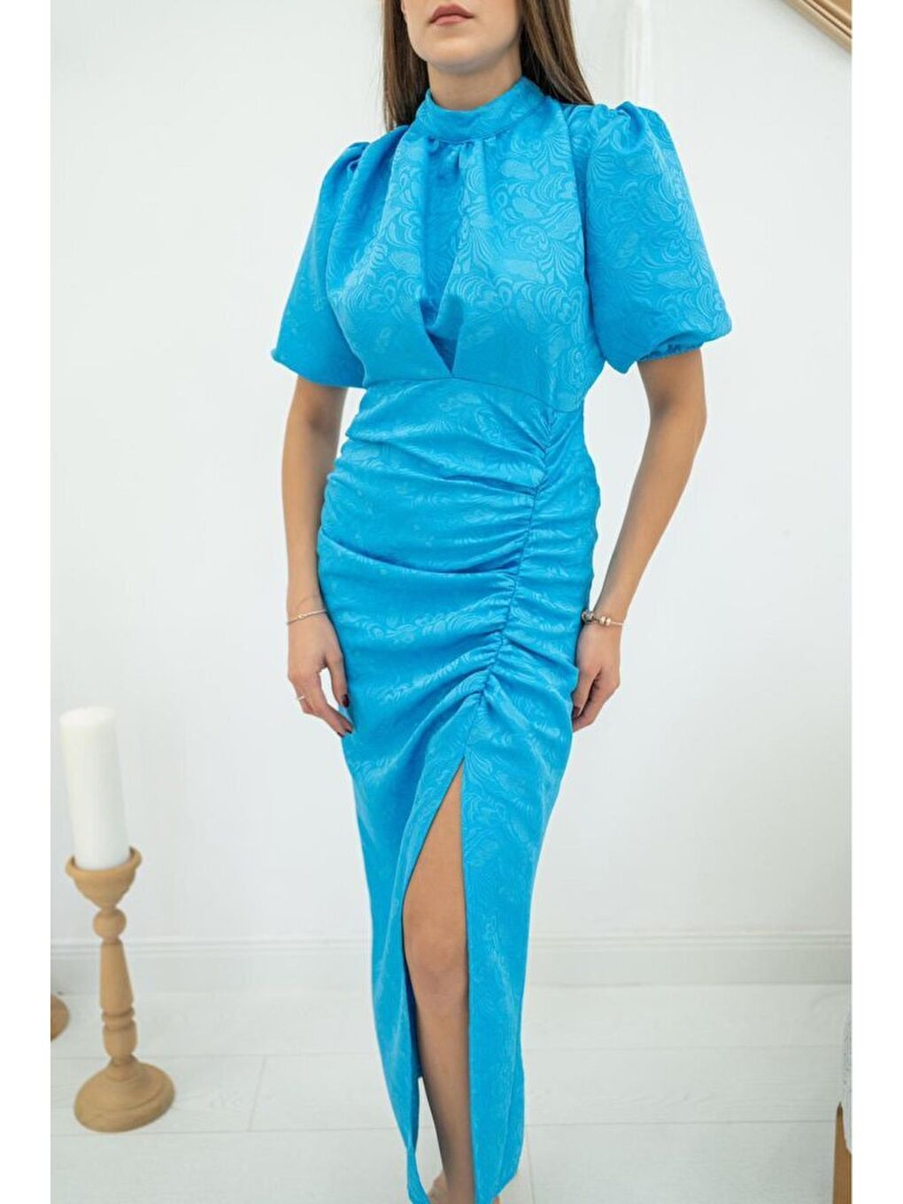 Mavi Jakarlı Ve Desenli Elbise-1