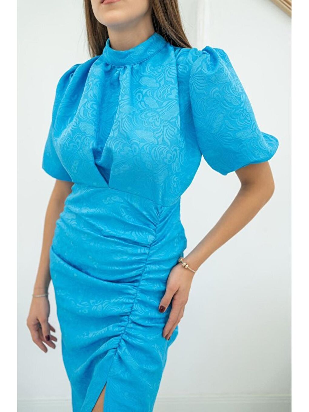 Mavi Jakarlı Ve Desenli Elbise-2