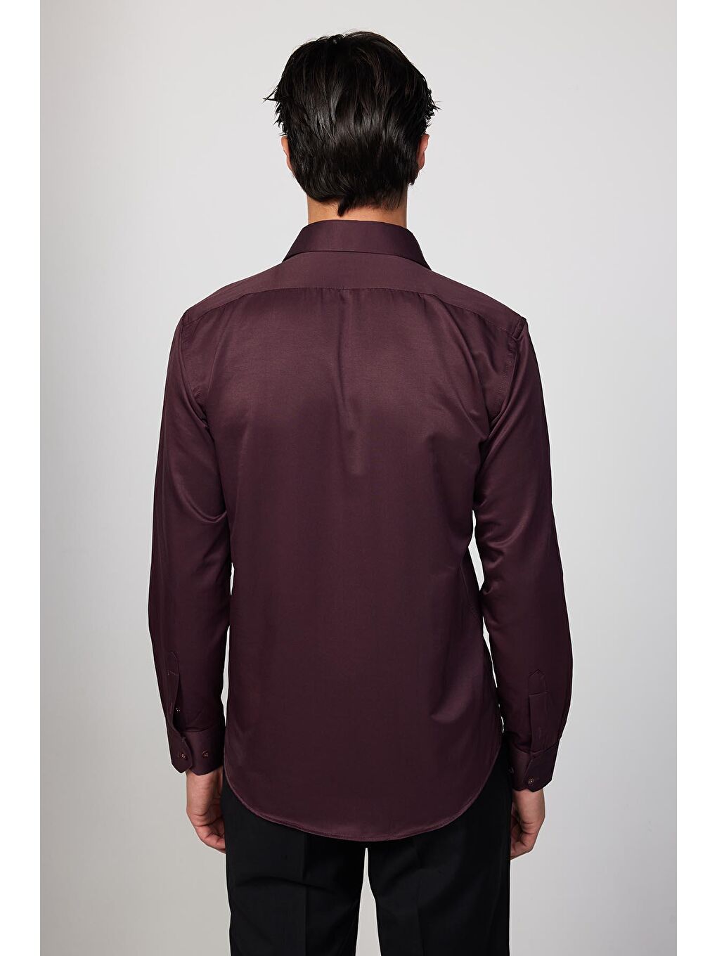 Modern Slim Fit Uzun Kollu Düz Saten Pamuklu Bordo Erkek Gömlek-4