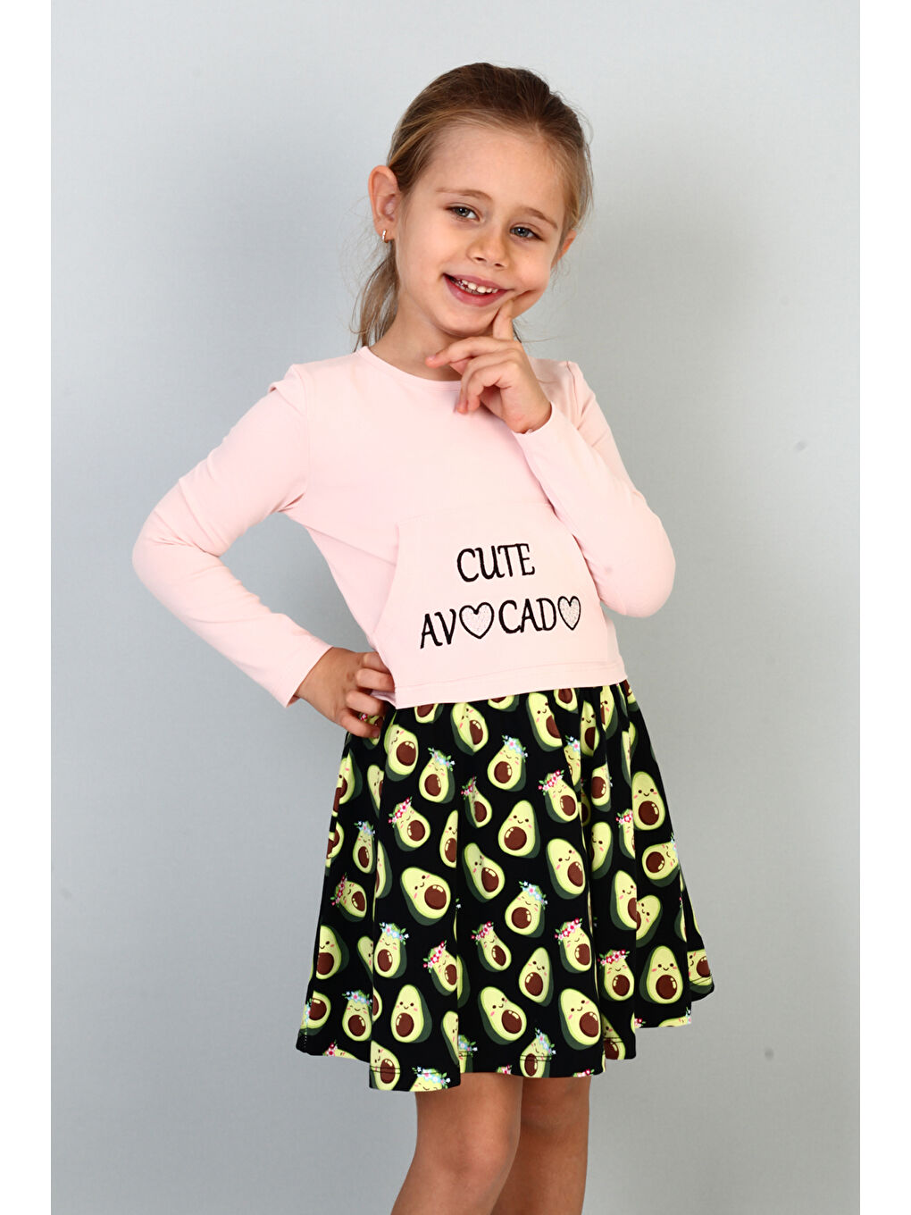 Toontoykids Pudra Kız Çocuk Cute Avocado Naskışlı Eteği Desenli Elbise