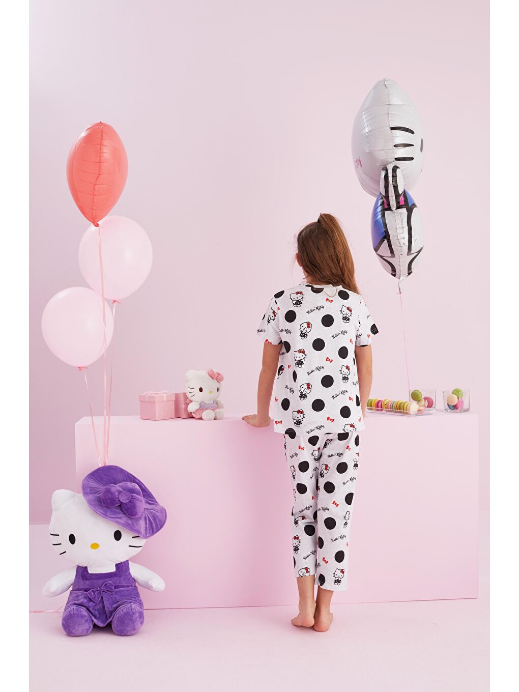 SİYAH İNCİ Gri Hello Kitty Lisanslı %100 Pamuk Gri Çok Renkli Bisklet Yaka Pijama Takım - 2