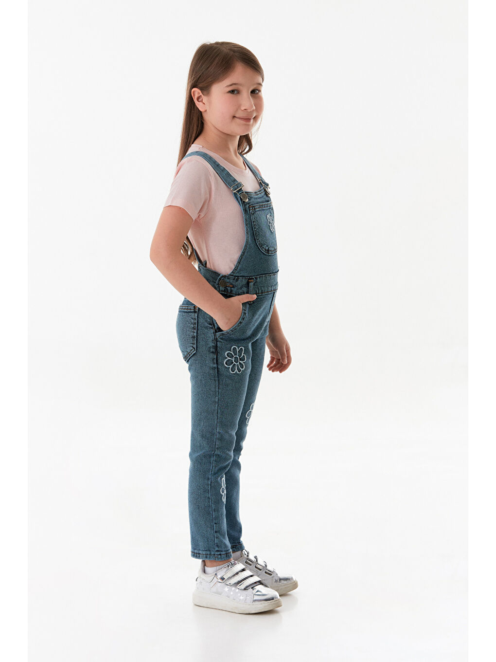 Mavi Çiçek Nakışlı Kız Çocuk Salopet-1
