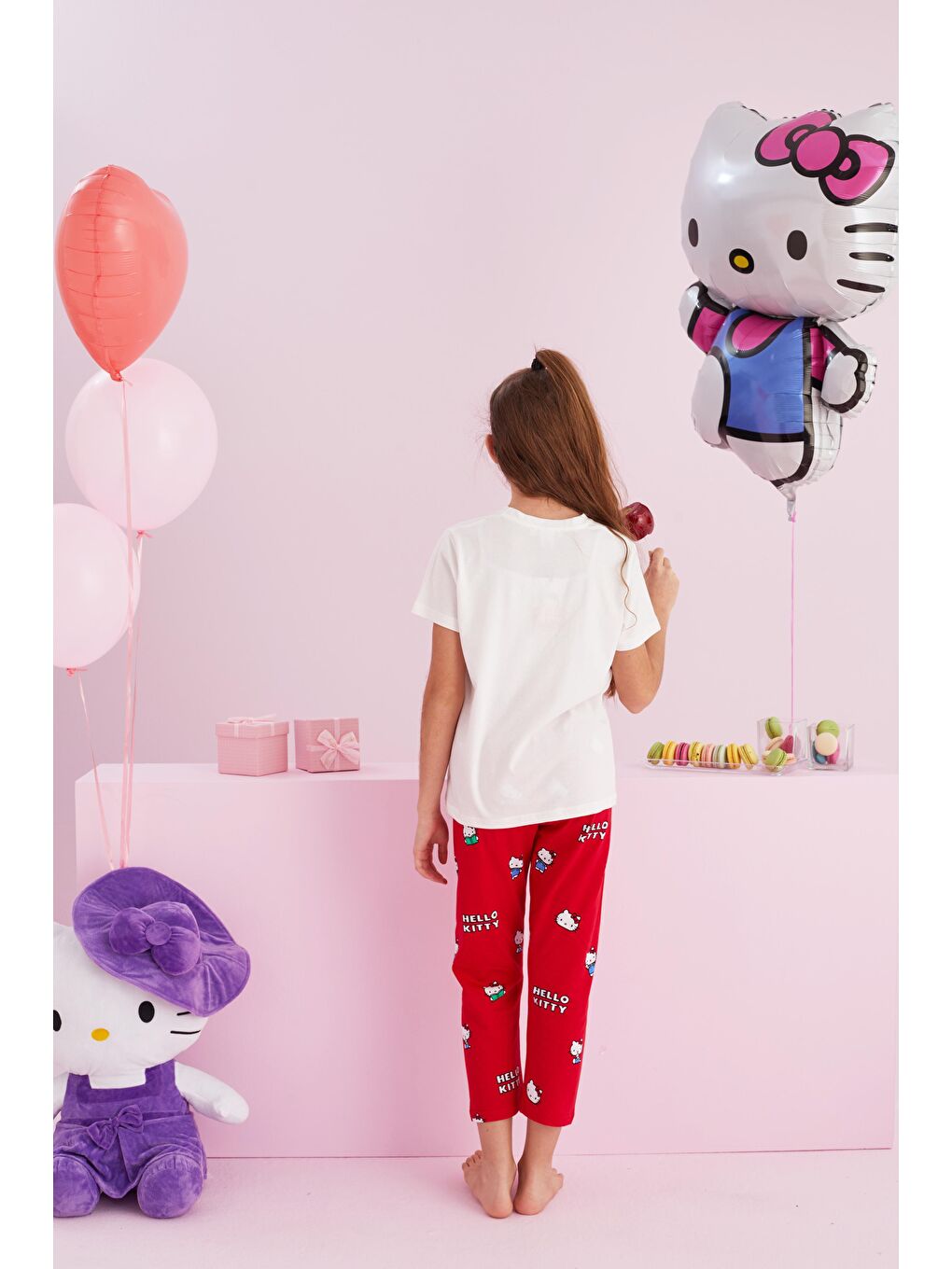 SİYAH İNCİ Beyaz Hello Kitty Lisanslı %100 Pamuk Beyaz Çok Renkli Bisklet Yaka Pijama Takım - 2