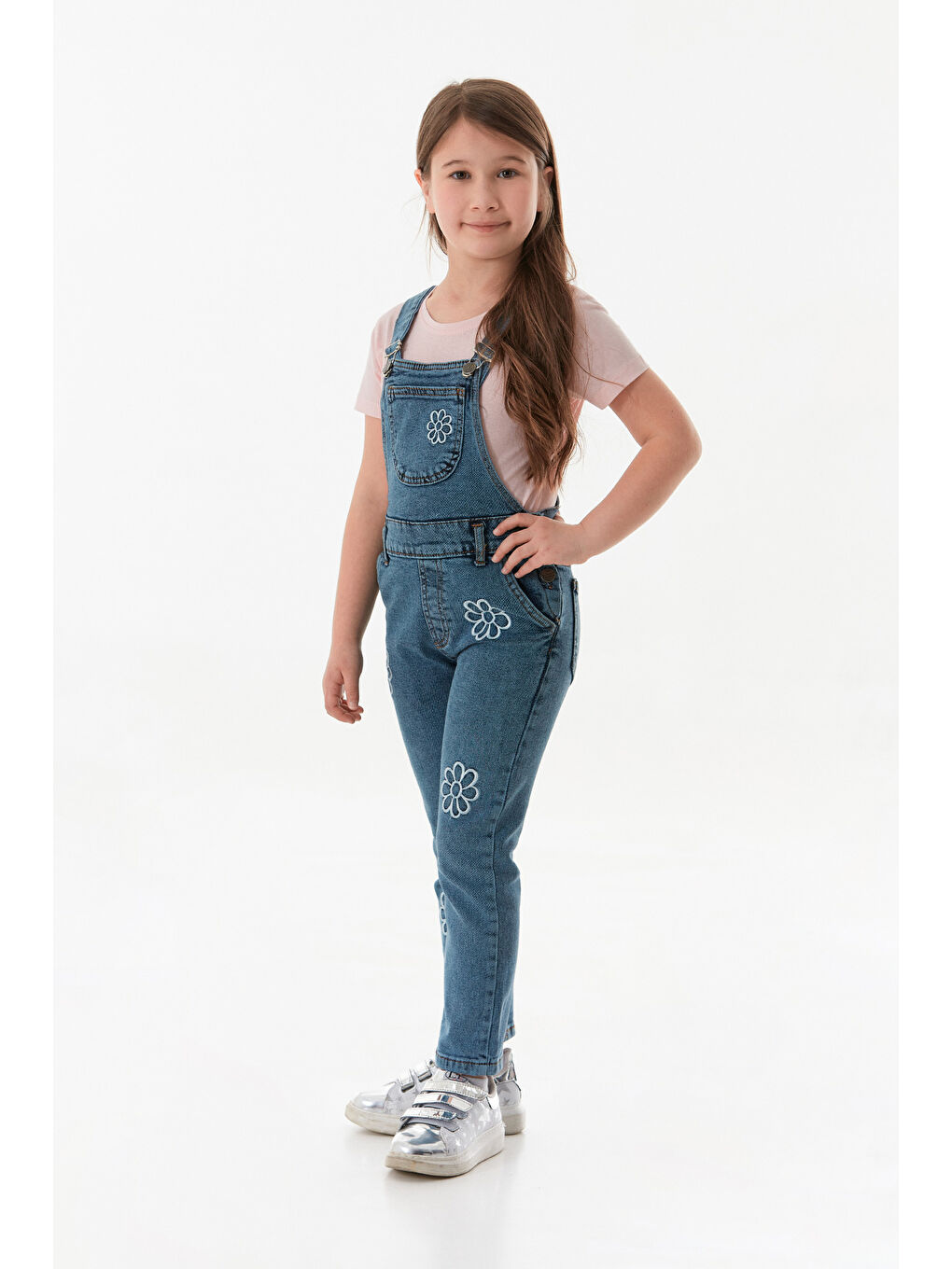 Mavi Çiçek Nakışlı Kız Çocuk Salopet-4