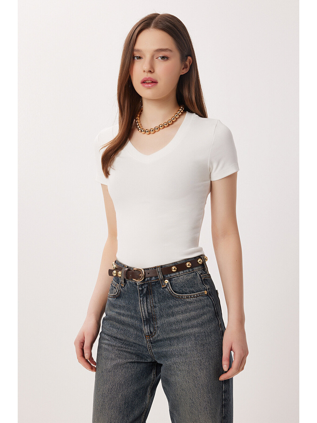 Lila 2’li Paket V Yaka Basic Örme T-shirt KAHVERENGİ KEMİK LDZ0068-4