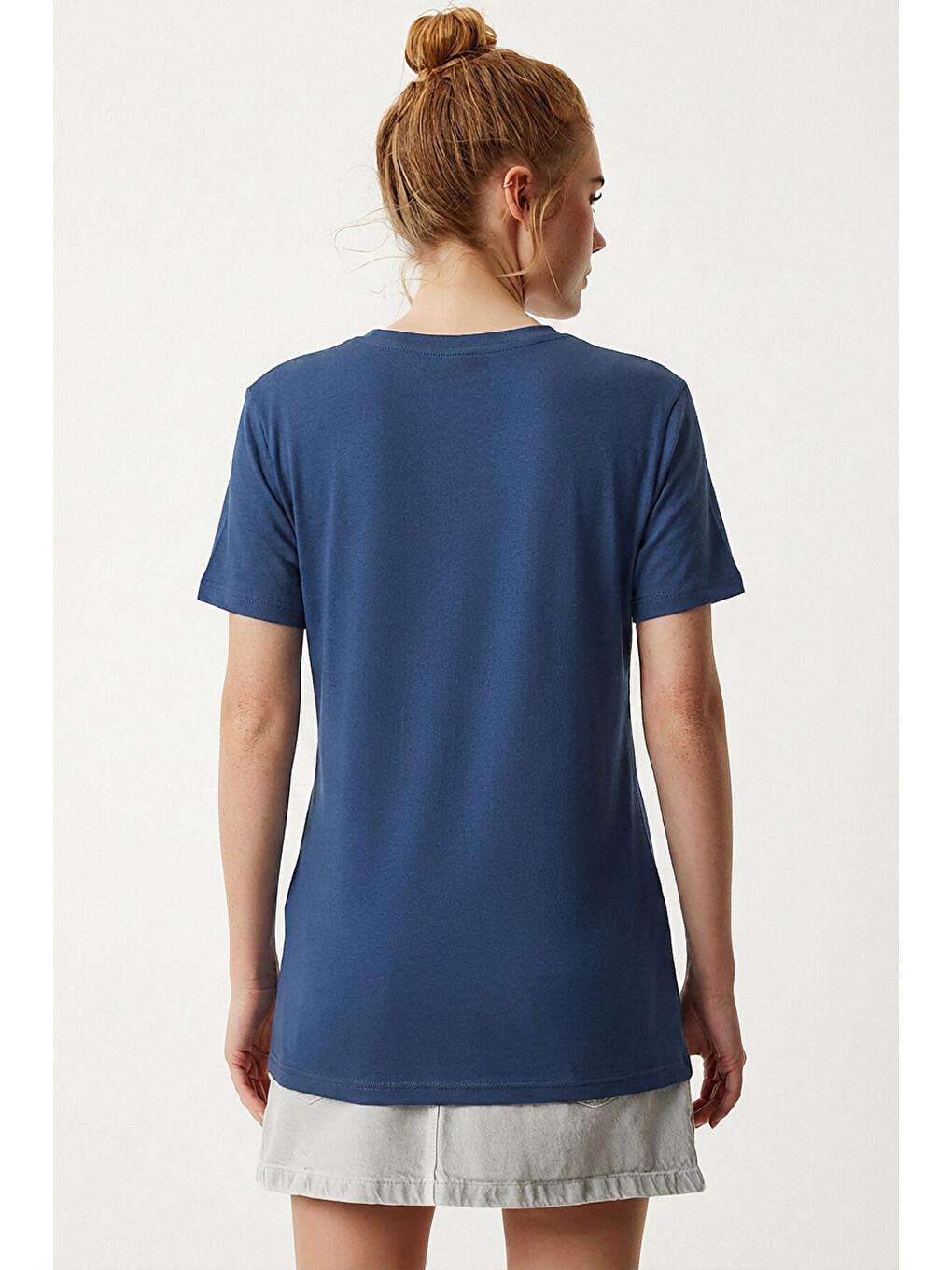V Yaka Basic Viskon T-shirt Kobalt Mavi Len0001-4