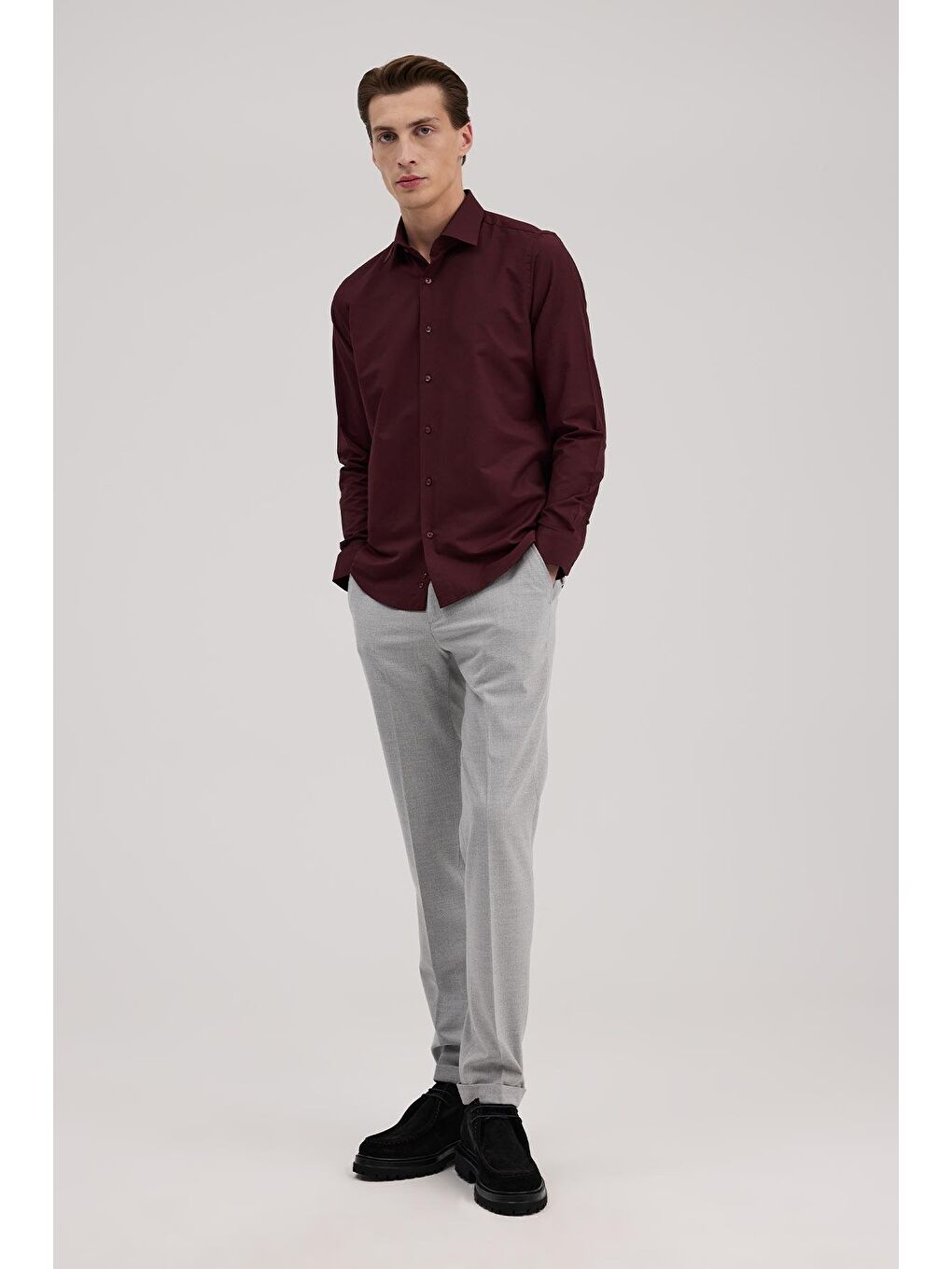 Bordo Comfort Fit Klasik Yaka Pamuk Karışımlı Gömlek