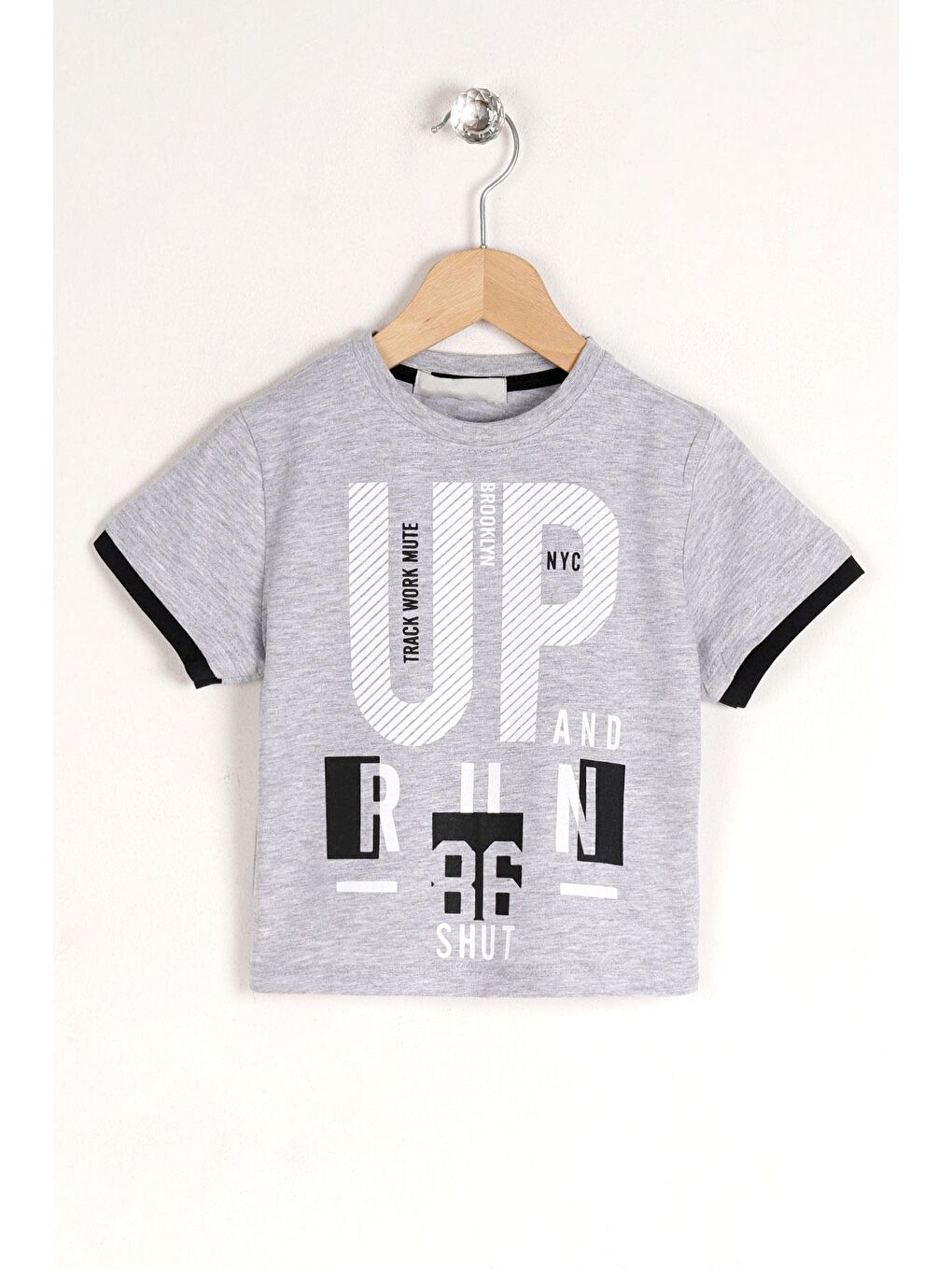 Bisiklet Yaka Kısa Kol Up Yazı Baskılı Gri Renk Erkek Çocuk Tshirt-2