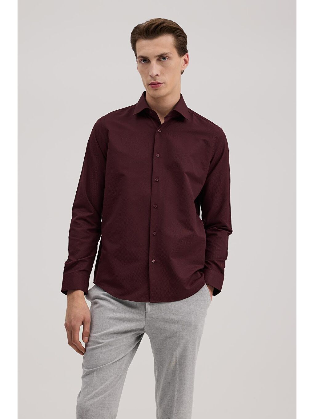 Bordo Comfort Fit Klasik Yaka Pamuk Karışımlı Gömlek-1