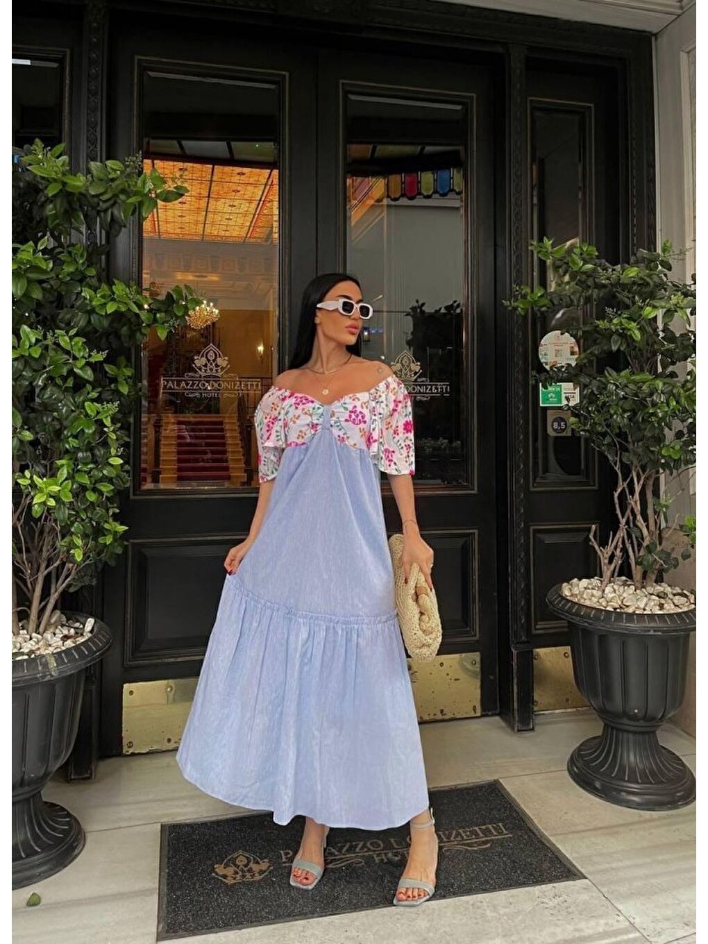 RENKLİ NAKIŞ DESENLİ ELBİSE - Mavi-2