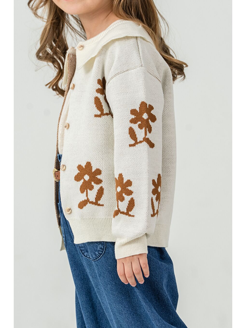 Beyaz Kız Çocuk Triko Hırka-Gömlek-Jean Pantolon 3'lü Takım-1