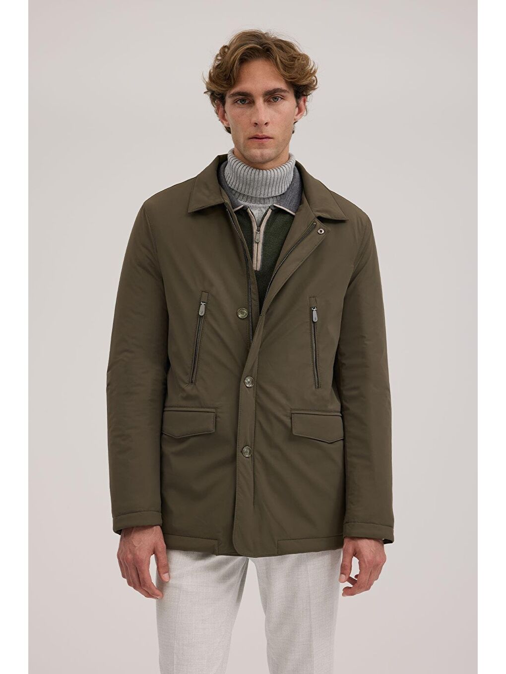 Haki Comfort Fit Bebe Yaka Fermuarlı Mont