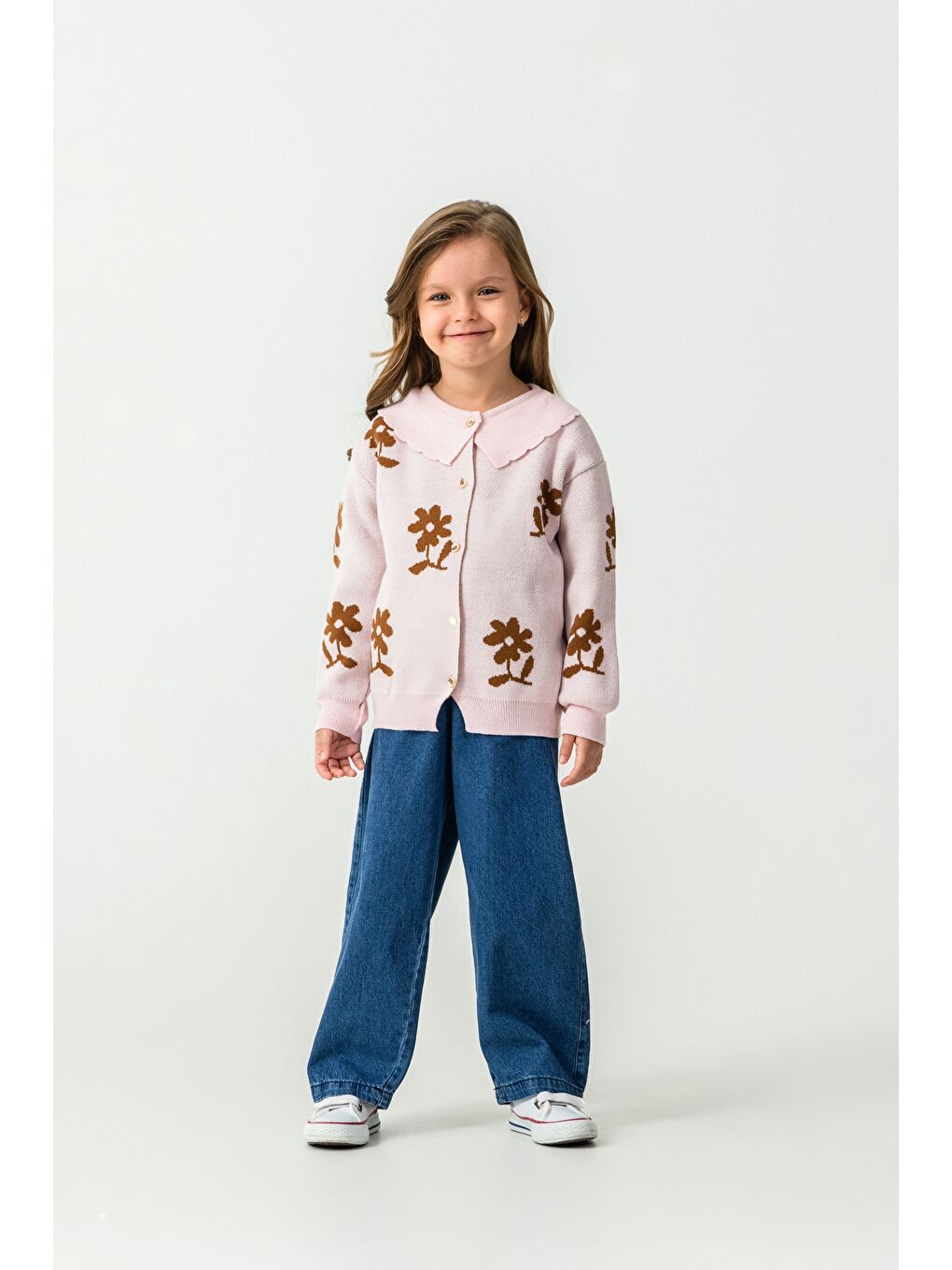 Pembe Kız Çocuk Triko Hırka-Gömlek-Jean Pantolon 3'lü Takım-2