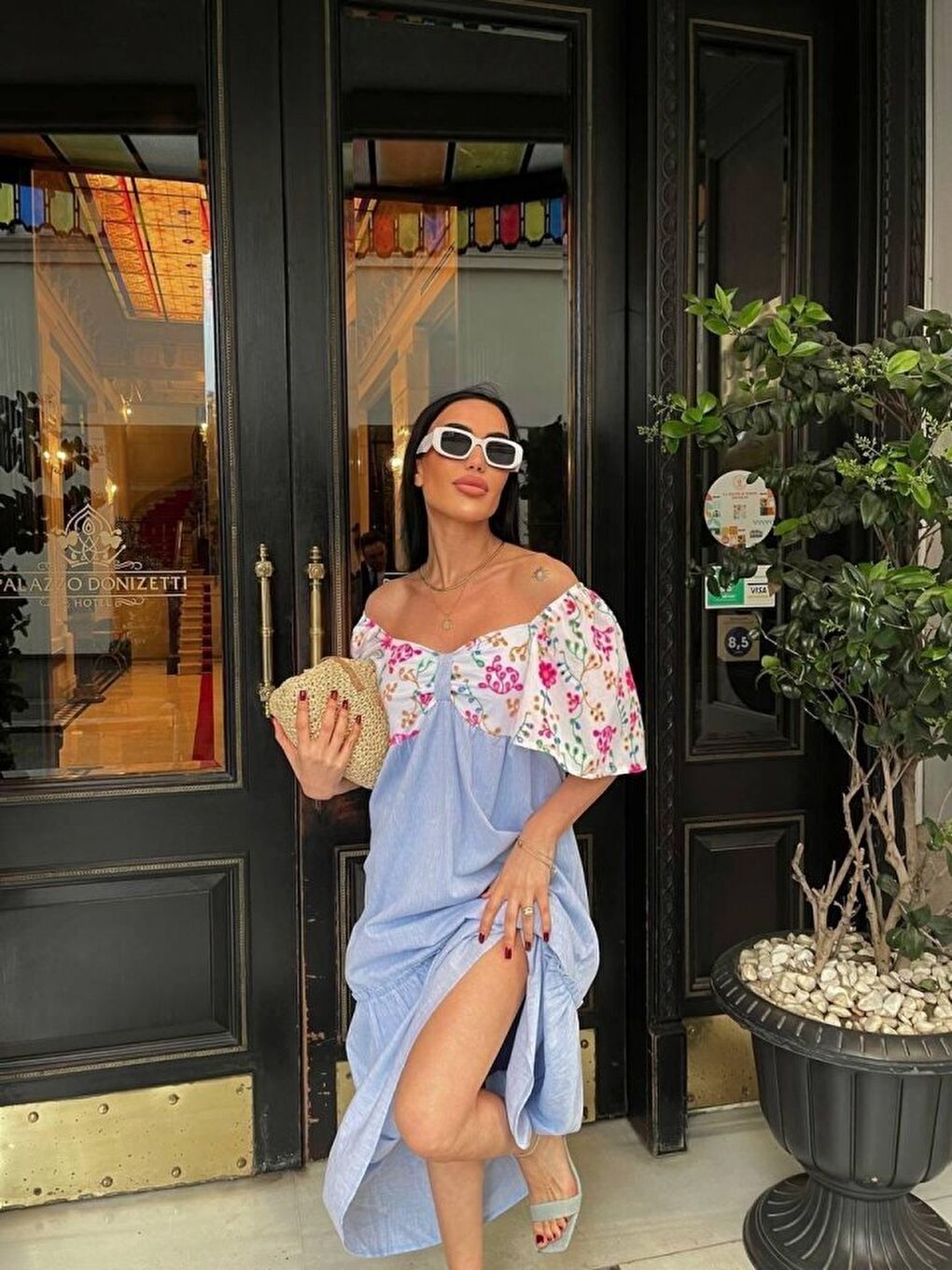 RENKLİ NAKIŞ DESENLİ ELBİSE - Mavi-3