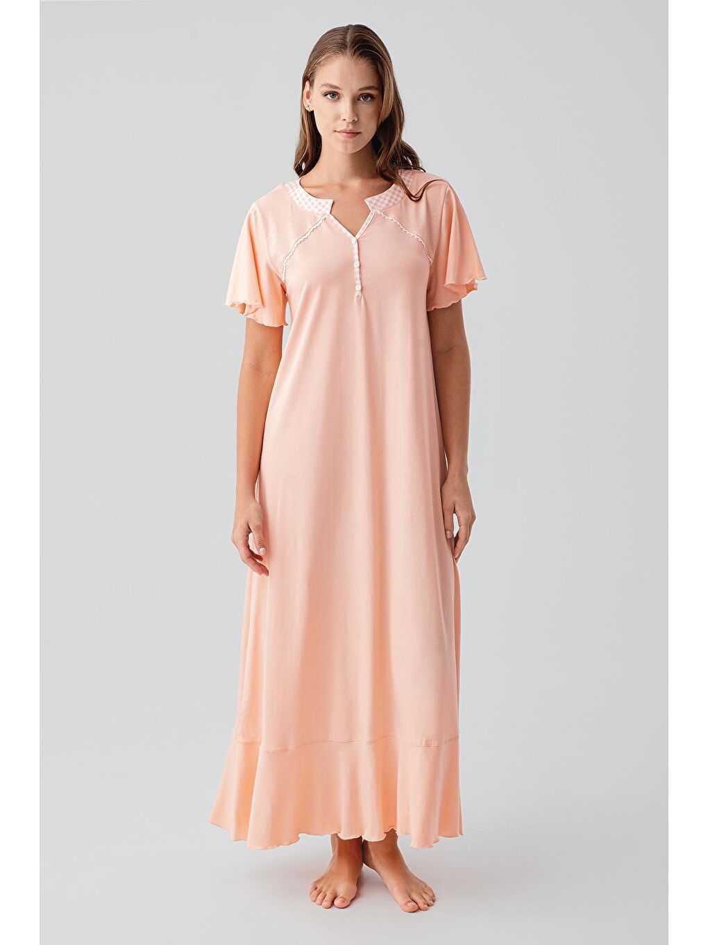Pembe Kısa Kollu Düğmeli Uzun Esnek Pamuklu Gecelik 19100-1