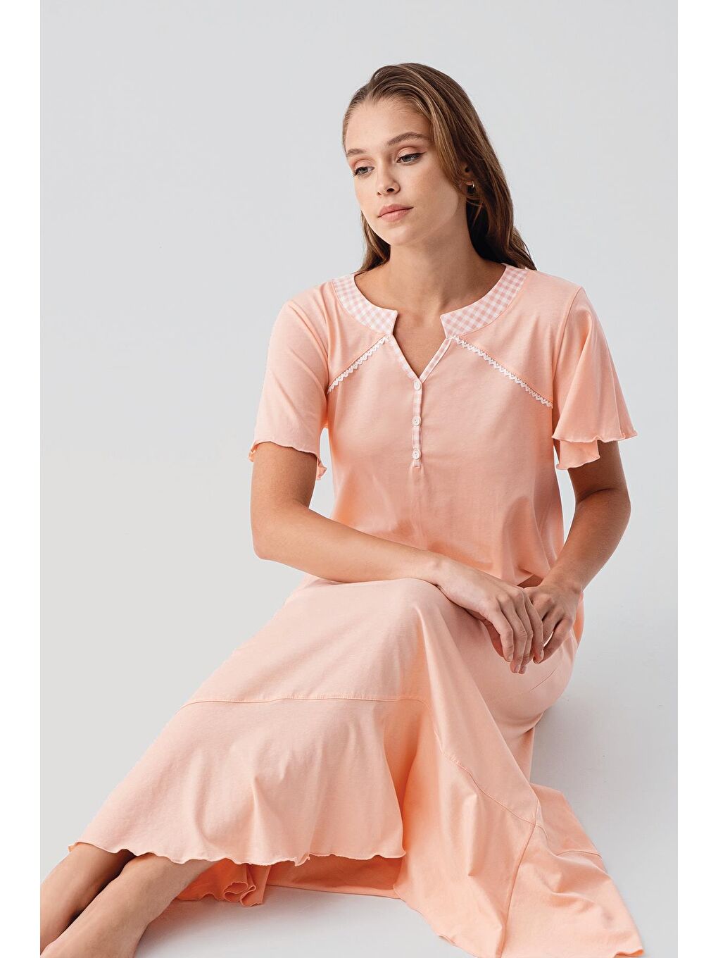 Pembe Kısa Kollu Düğmeli Uzun Esnek Pamuklu Gecelik 19100-2