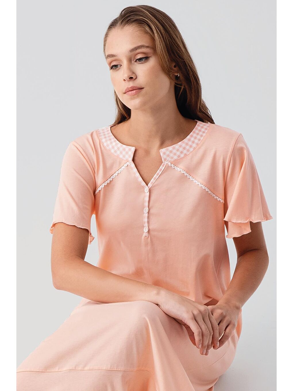 Pembe Kısa Kollu Düğmeli Uzun Esnek Pamuklu Gecelik 19100-3