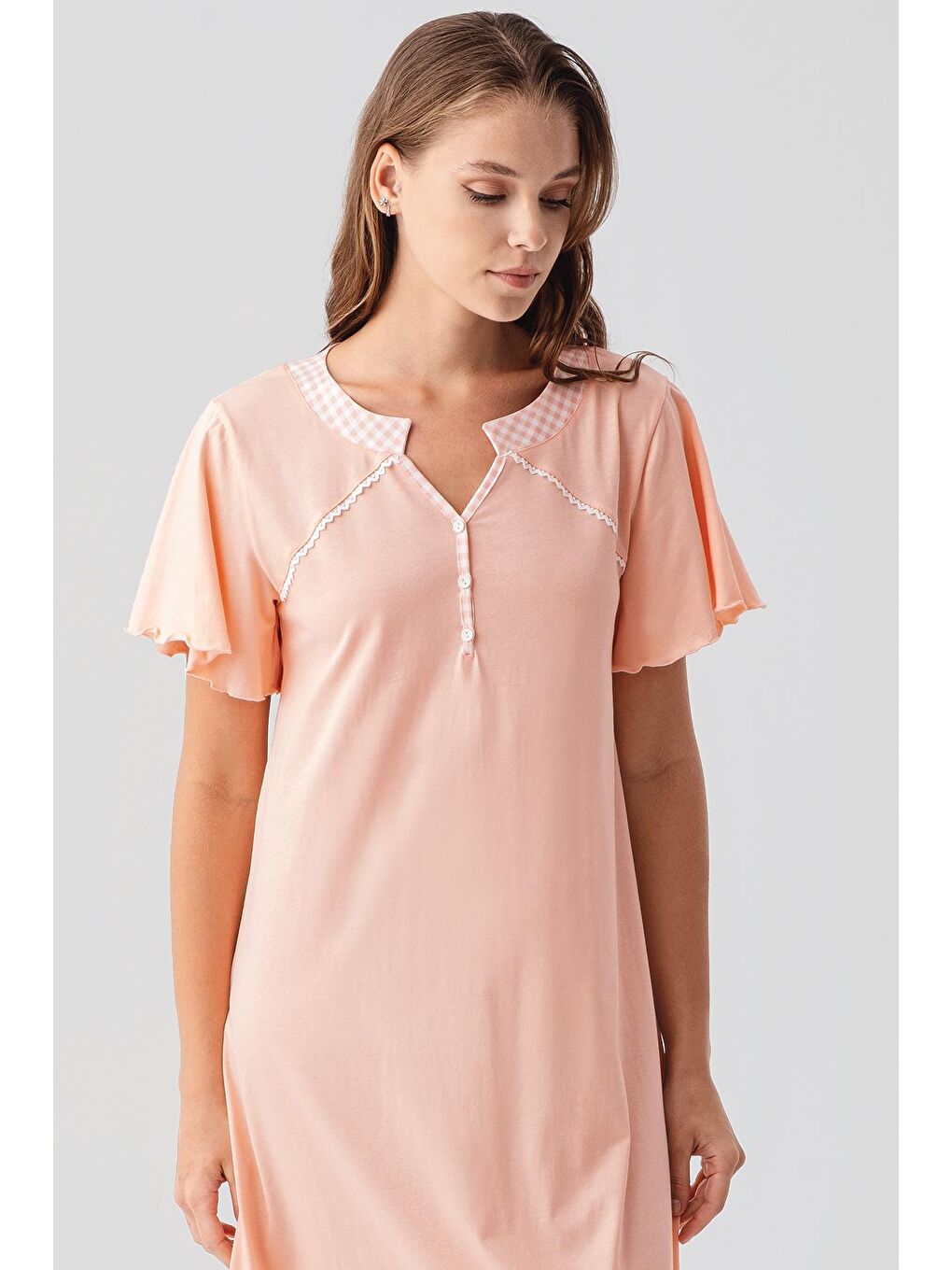 Pembe Kısa Kollu Düğmeli Uzun Esnek Pamuklu Gecelik 19100-4