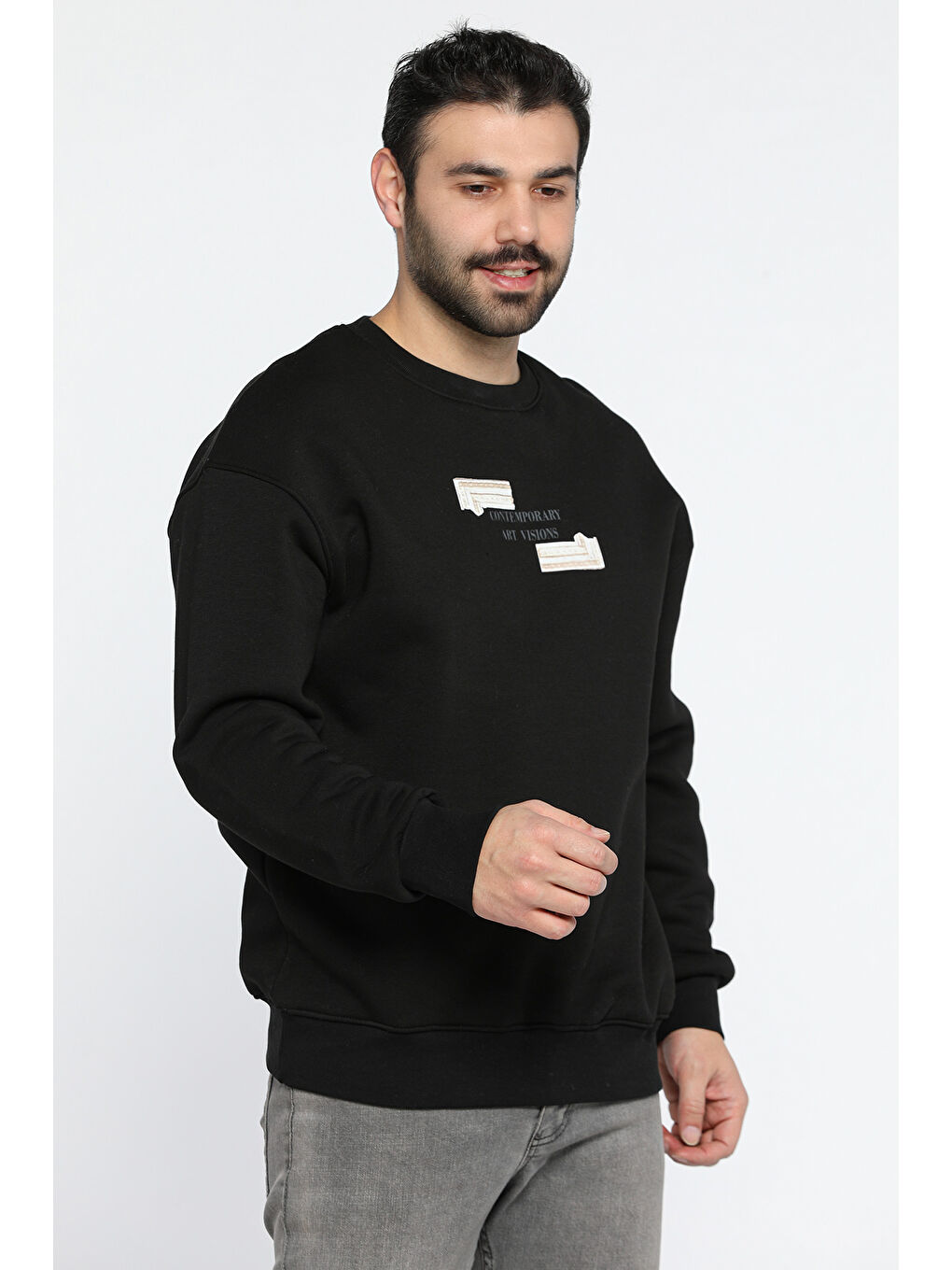 Mishar İtalia Siyah Erkek Bisiklet Yaka Baskılı Üç İplik Şardonlu Sweatshirt - 1