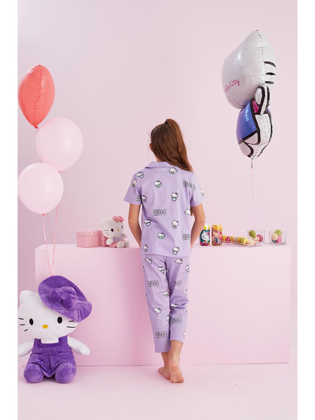 SİYAH İNCİ Lila Hello Kitty Lisanslı %100 Pamuk Lila Çok Renkli Düğmeli Pijama Takım - 2