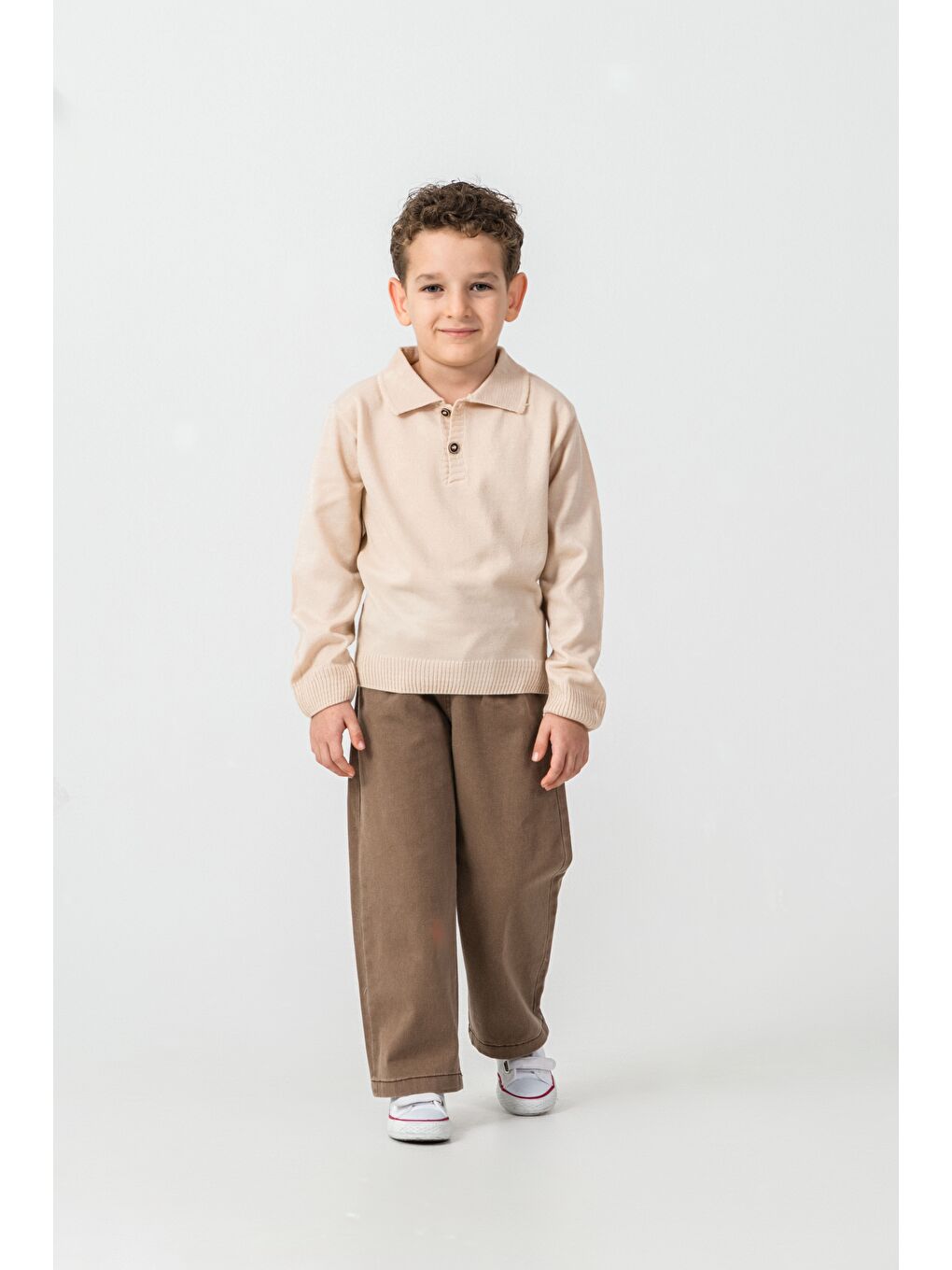 Kahverengi Erkek Çocuk Triko Polo Yaka Kazak Gabardin Pantalon Alt-Üst Takım