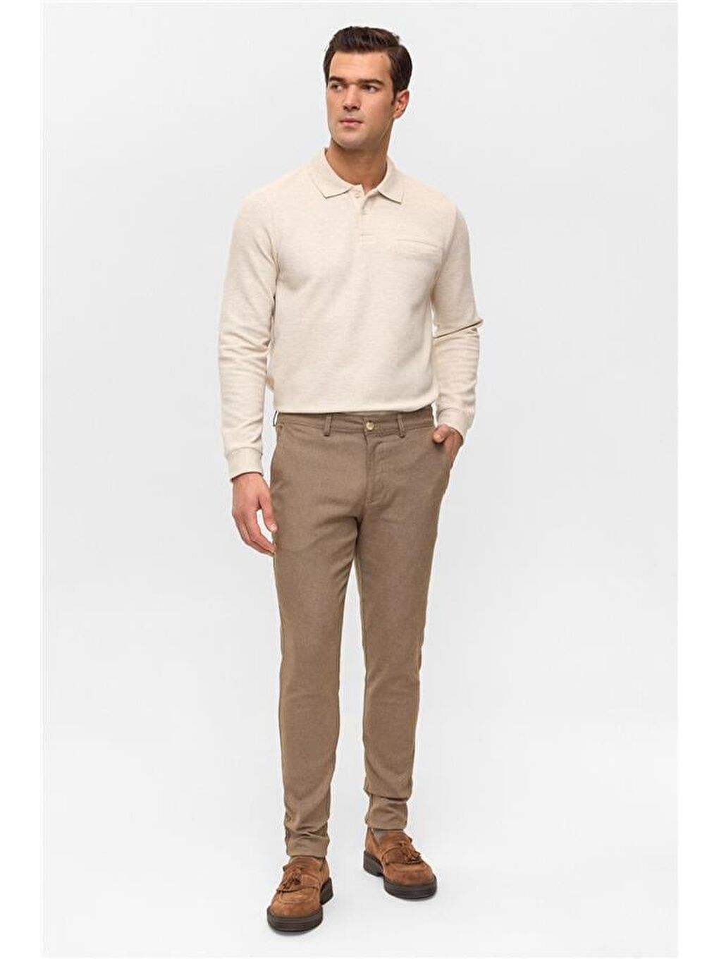 Bej Slim Armürlü Pantolon