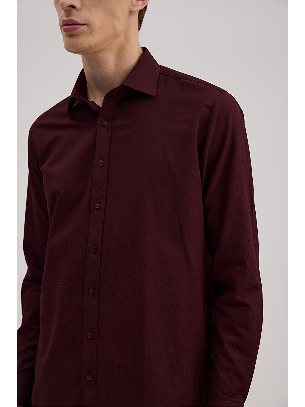 Bordo Comfort Fit Alttan Düğmeli Yaka Desenli Gömlek-2