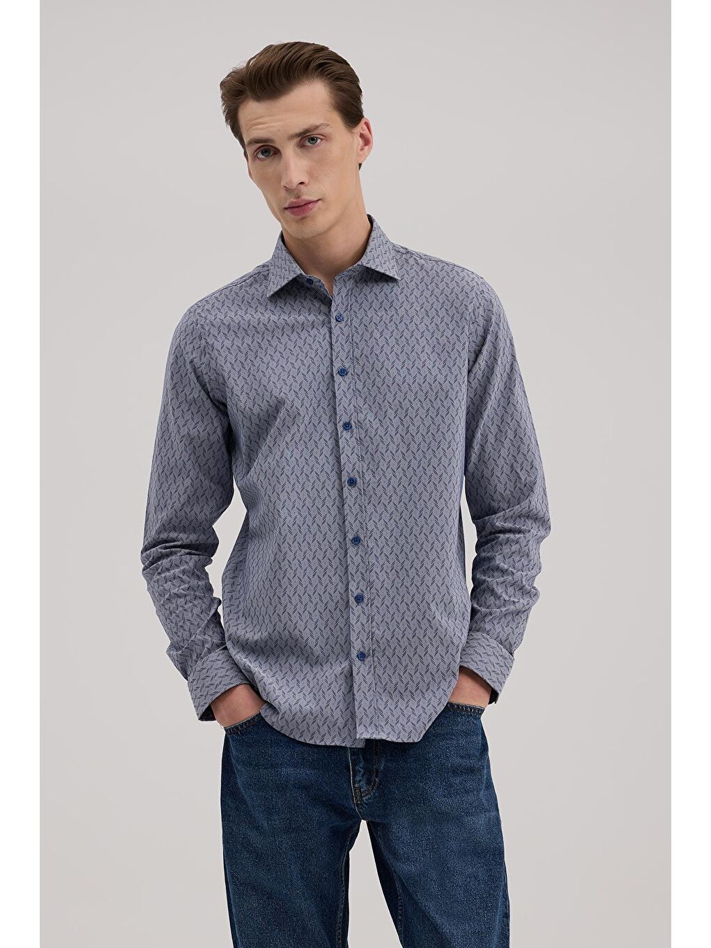 Lacivert Comfort Fit Alttan Düğmeli Yaka Desenli Gömlek-1