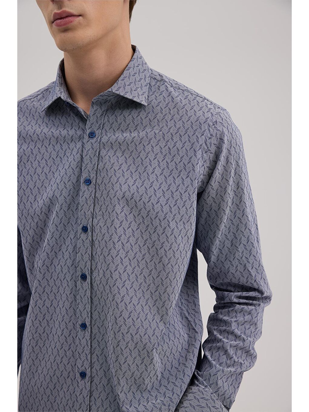 Lacivert Comfort Fit Alttan Düğmeli Yaka Desenli Gömlek-2