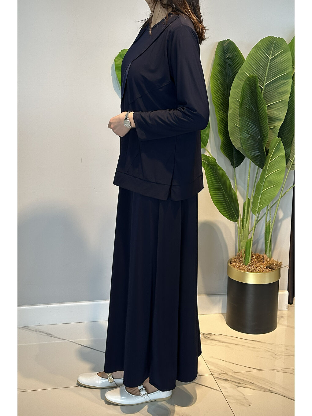 Sandy Kumaş Bluz Çan Etek Takım 0606 Lacivert-1