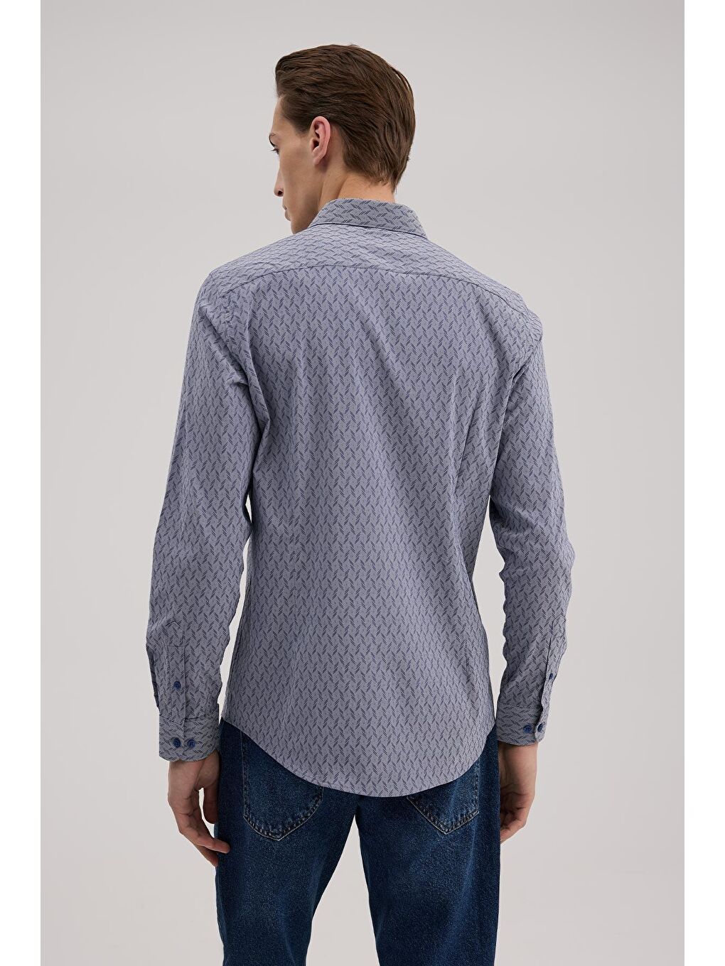 Lacivert Comfort Fit Alttan Düğmeli Yaka Desenli Gömlek-3