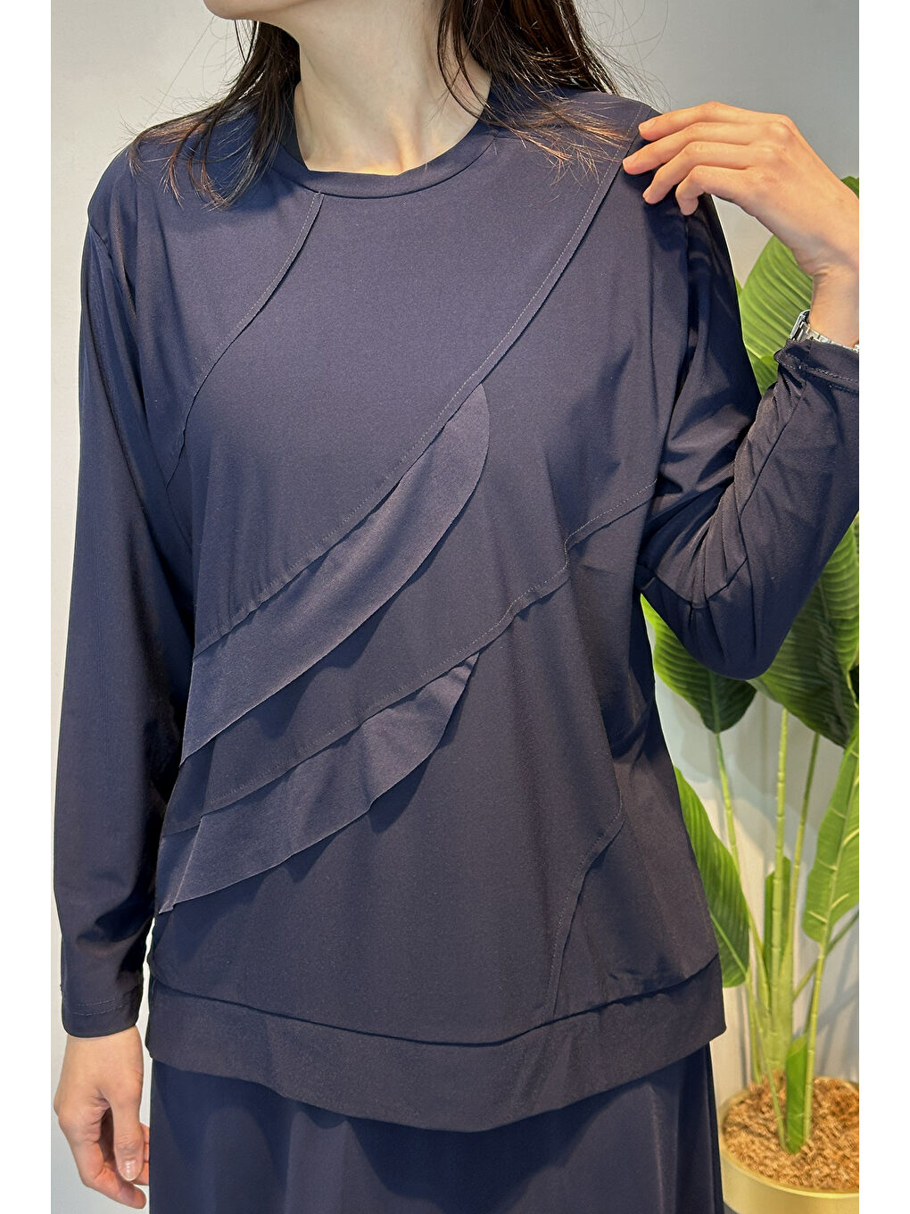 Sandy Kumaş Bluz Çan Etek Takım 0606 Lacivert-3