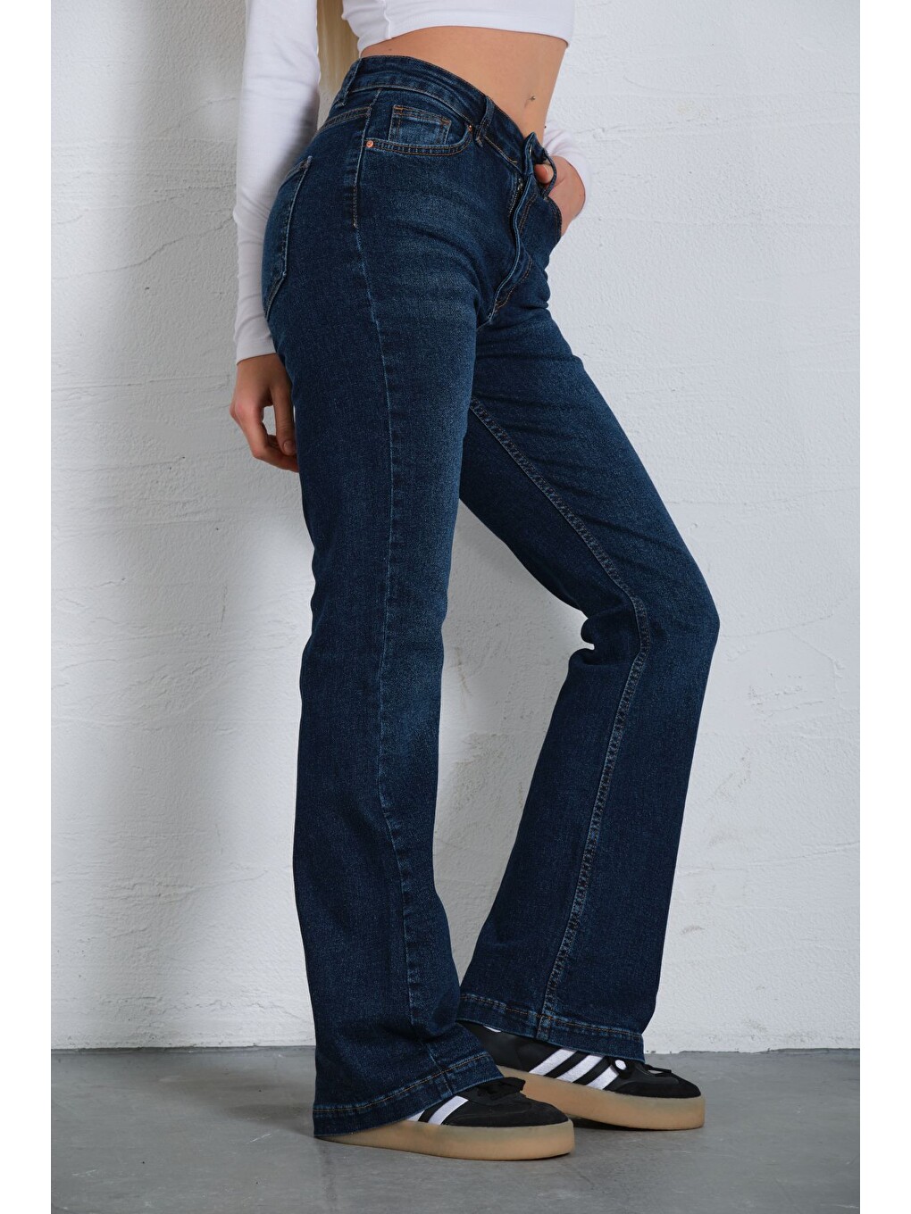 Mavi Yüksek bel kot, ispanyol paça esnek denim kumaş kadın fit and Flare jean pantolon @flares-2