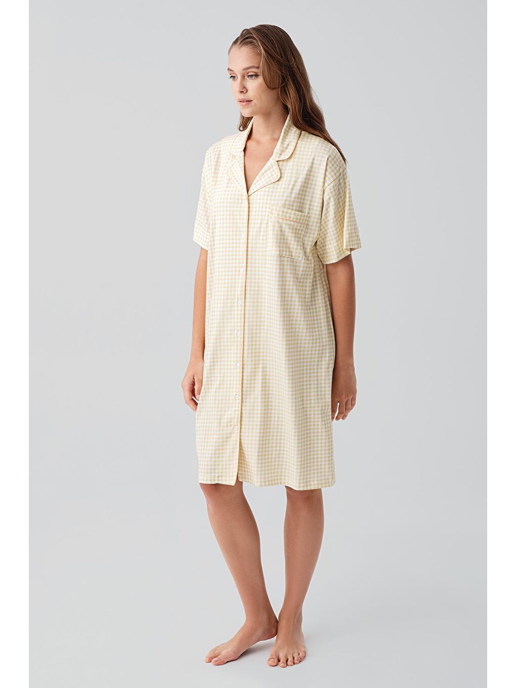 Sarı Kısa Kollu Düğmeli Esnek Pamuklu Gecelik 19101