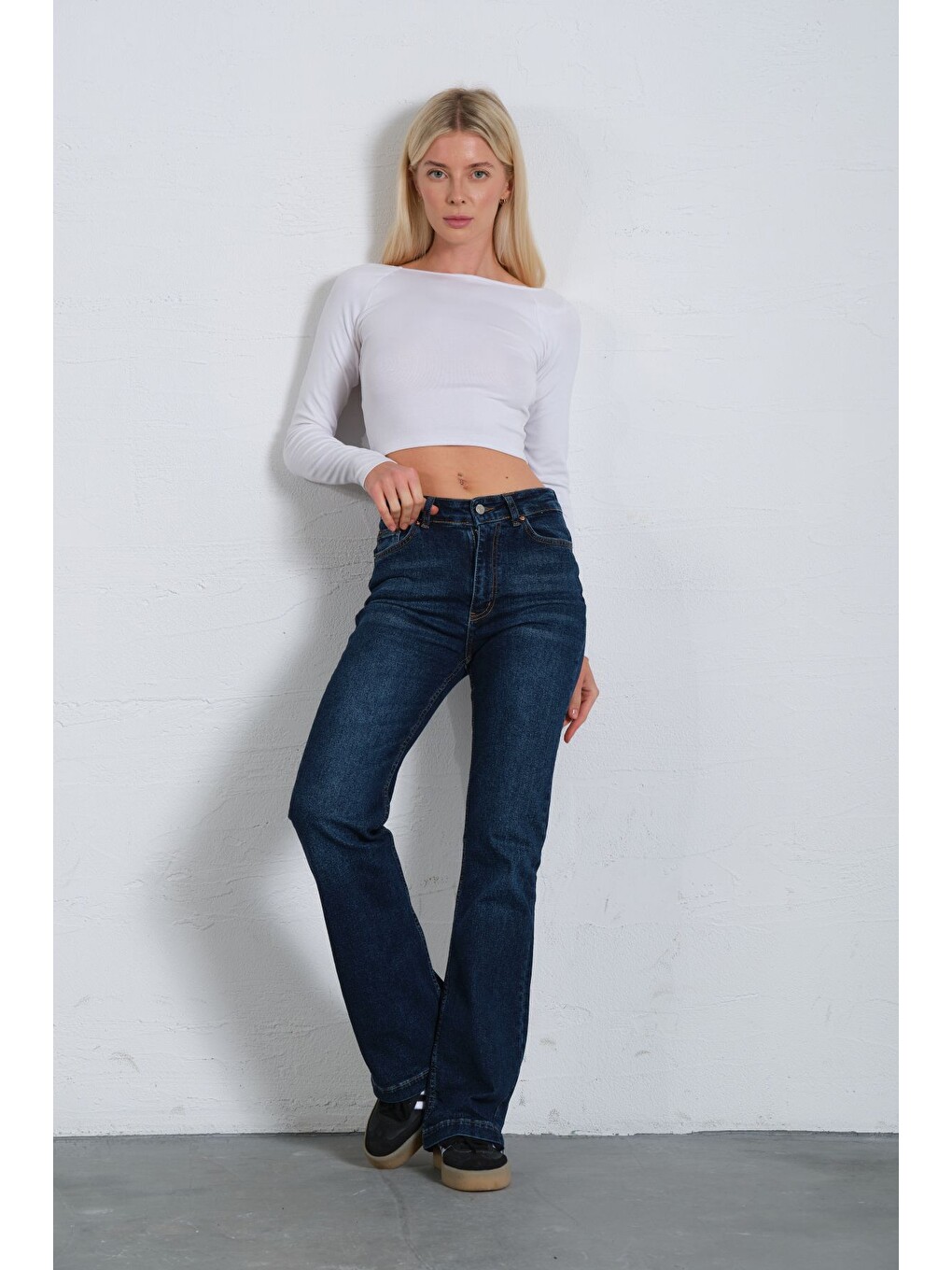 Mavi Yüksek bel kot, ispanyol paça esnek denim kumaş kadın fit and Flare jean pantolon @flares-6