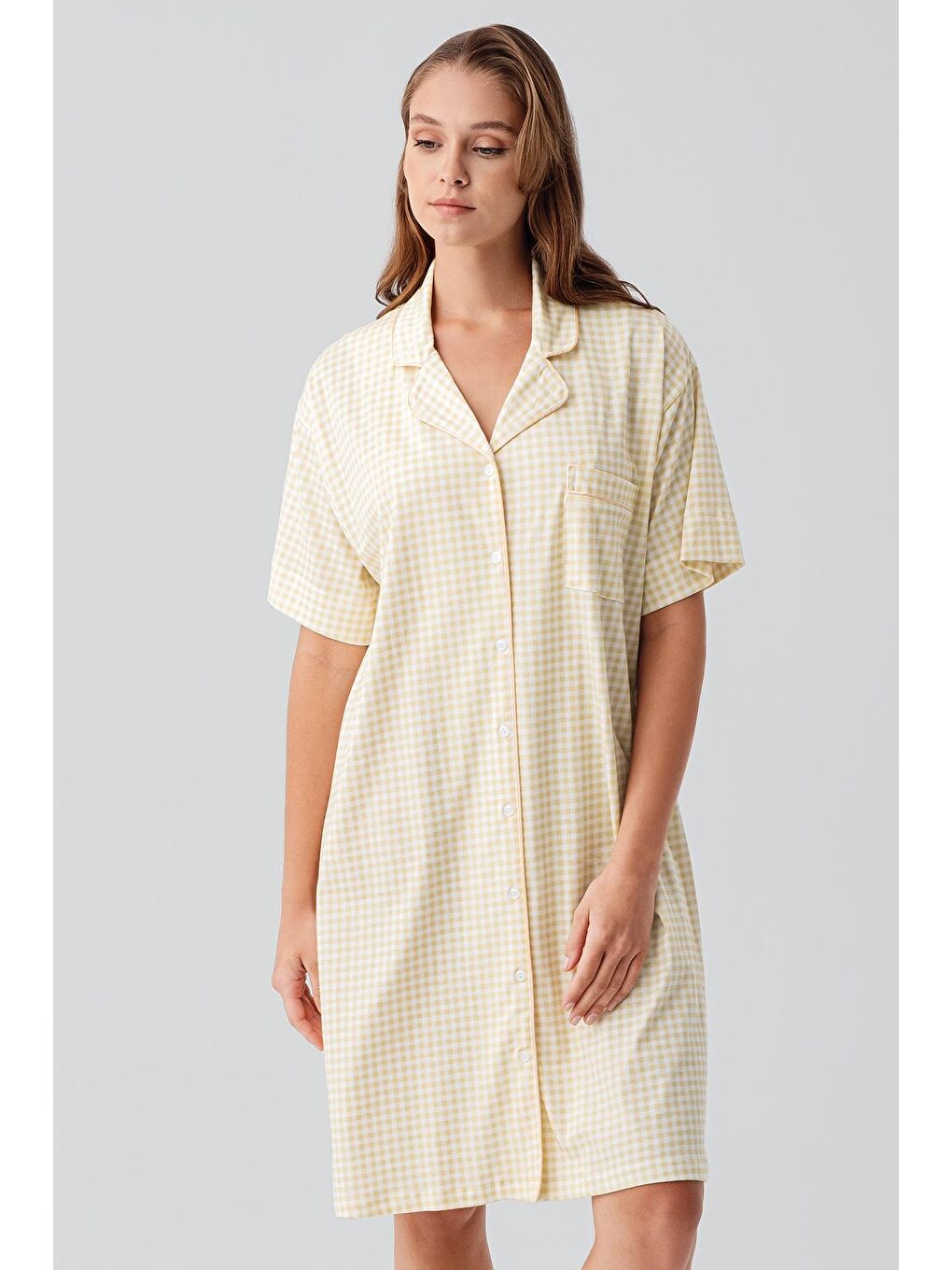 Sarı Kısa Kollu Düğmeli Esnek Pamuklu Gecelik 19101-2