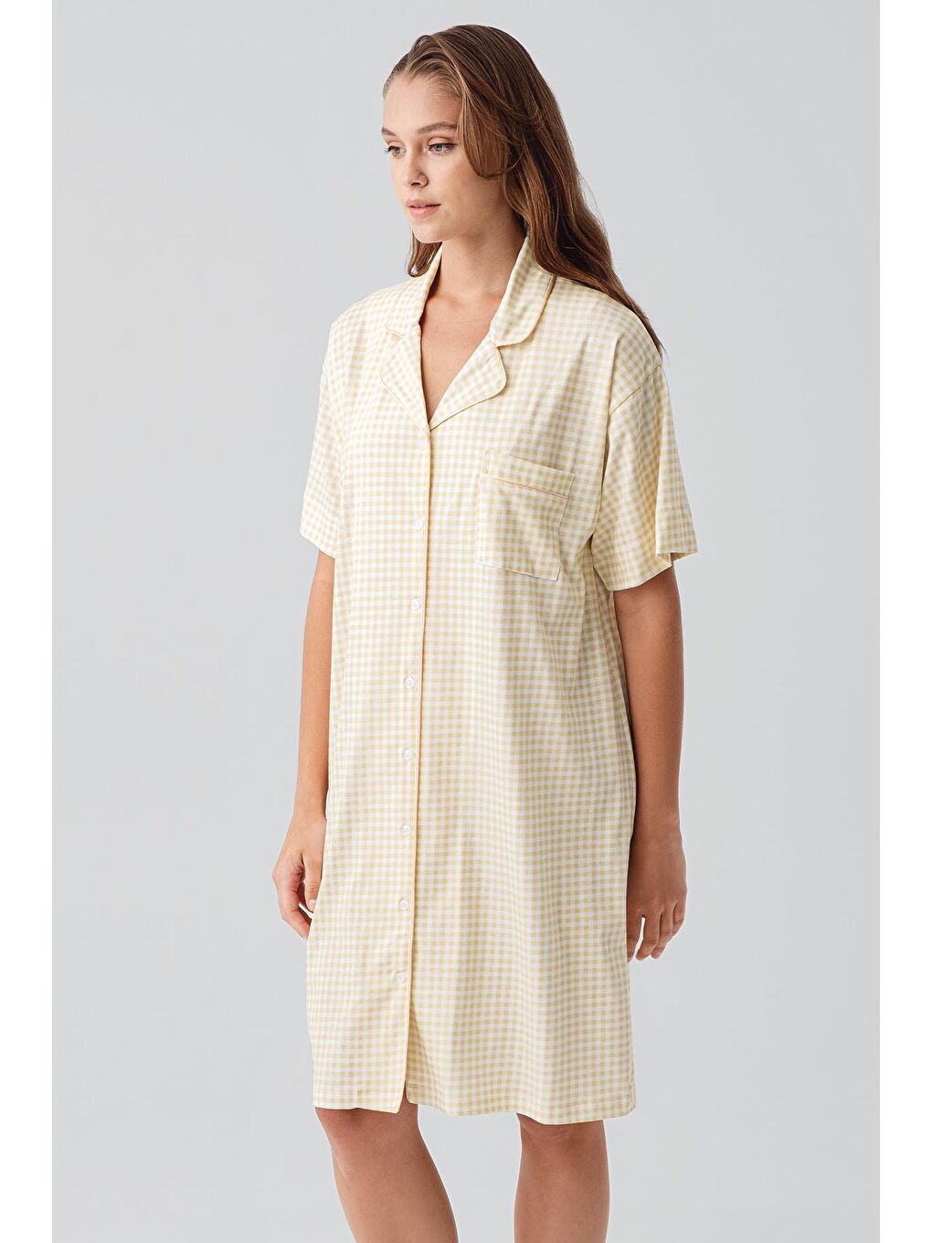 Sarı Kısa Kollu Düğmeli Esnek Pamuklu Gecelik 19101-3