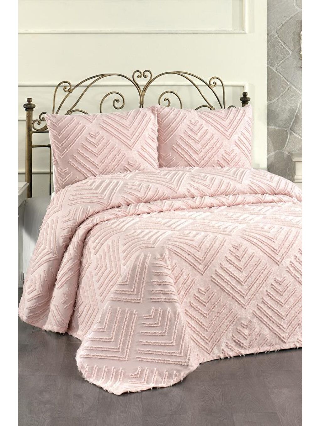 Pembe Pine 3 Parça Çift Kişilik Pike Takımı Pudra