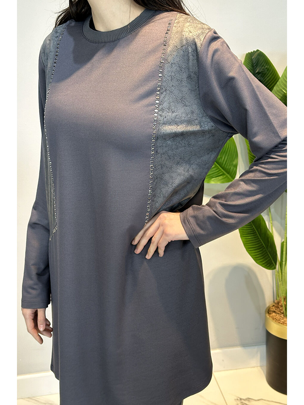 Penye Taş Detaylı Tunik Pantolon Takım 45-91 Antrasit-1