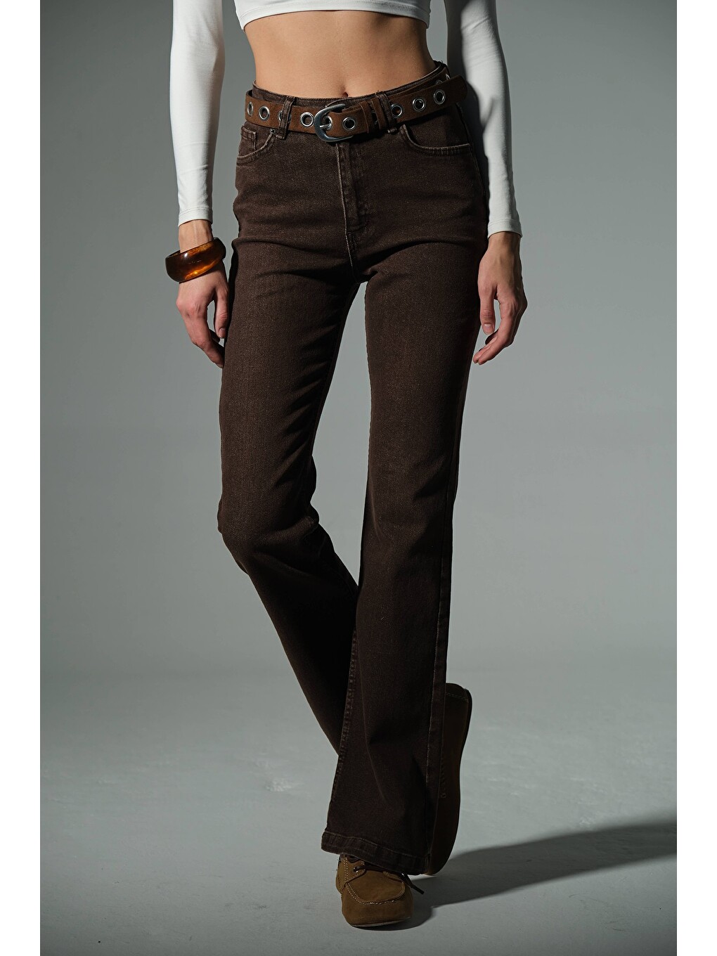 Kahverengi Yüksek bel kot, ispanyol paça esnek denim kumaş kadın fit and Flare jean pantolon @flares-1