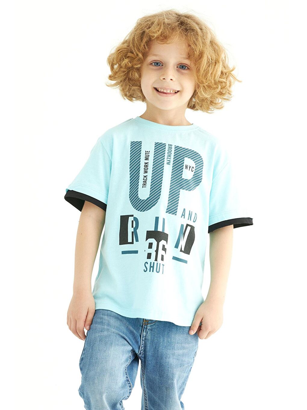 Yeşil Bisiklet Yaka Kısa Kol Up Yazı Baskılı Mint Renk Erkek Çocuk Tshirt
