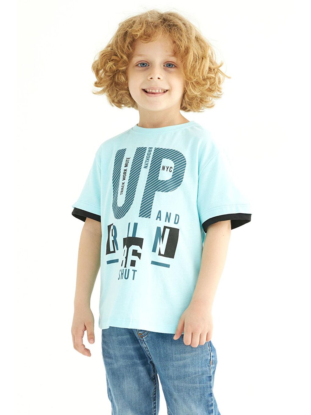 Yeşil Bisiklet Yaka Kısa Kol Up Yazı Baskılı Mint Renk Erkek Çocuk Tshirt-1