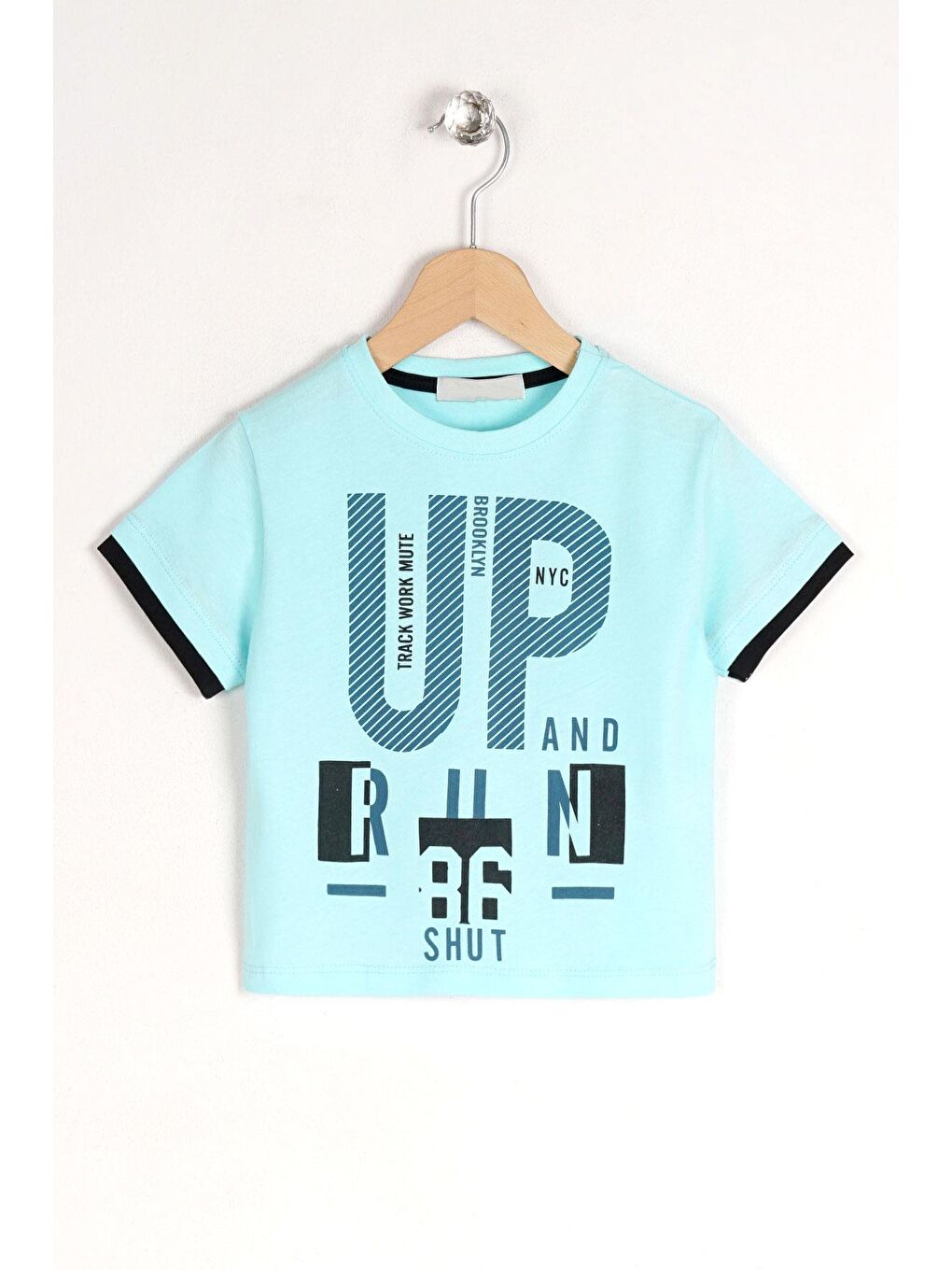 Yeşil Bisiklet Yaka Kısa Kol Up Yazı Baskılı Mint Renk Erkek Çocuk Tshirt-2