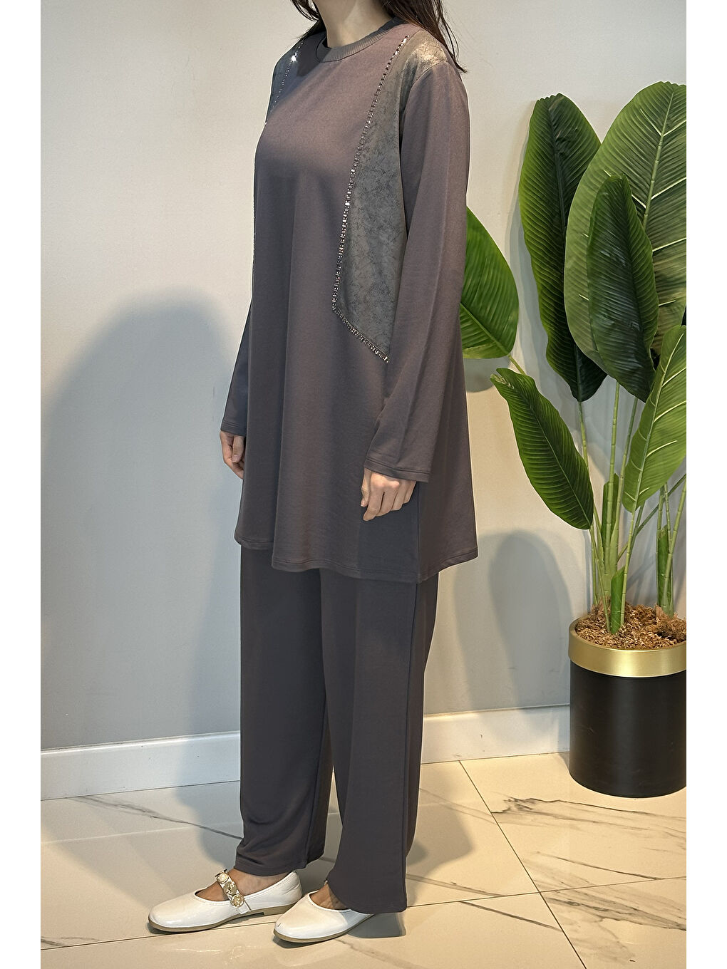 Penye Taş Detaylı Tunik Pantolon Takım 45-91 Antrasit-2