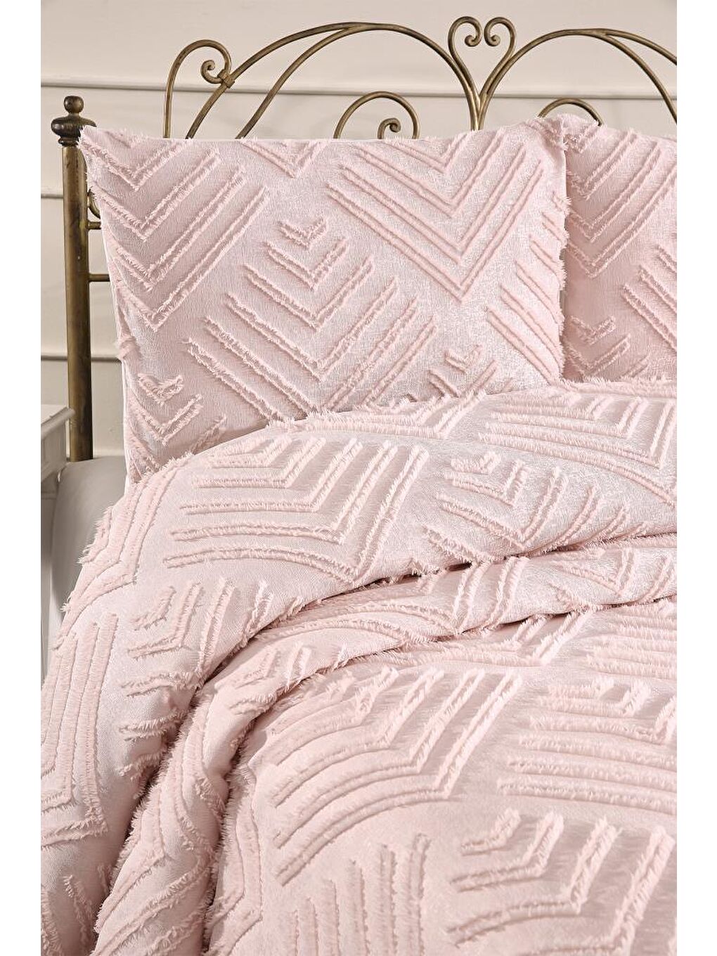 Pembe Pine 3 Parça Çift Kişilik Pike Takımı Pudra-1