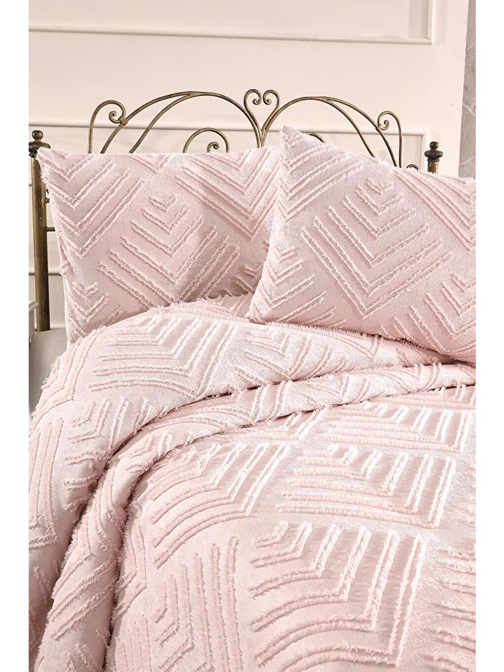 Pembe Pine 3 Parça Çift Kişilik Pike Takımı Pudra-2
