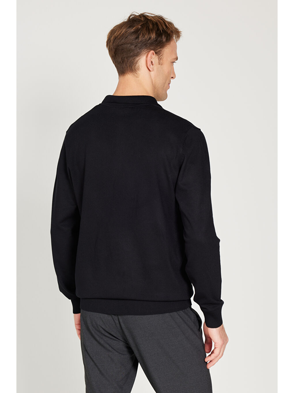 Erkek Siyah Standart Fit Normal Kesim Polo Yaka Triko Kazak-4