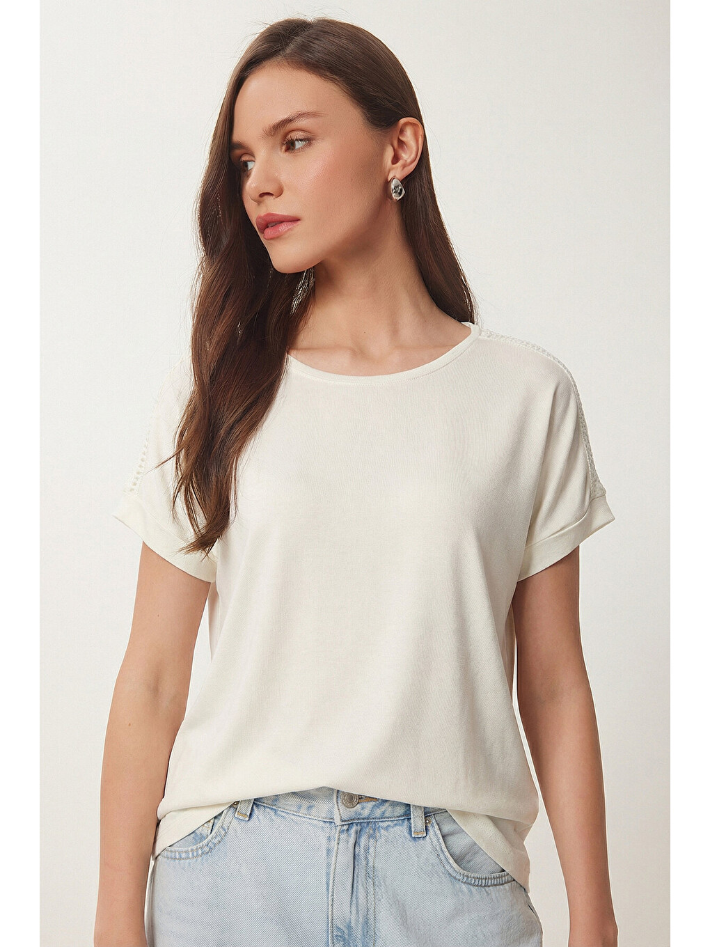 Ekru Güpür Detaylı Viskon T-shirt EKRU LRN0006-1