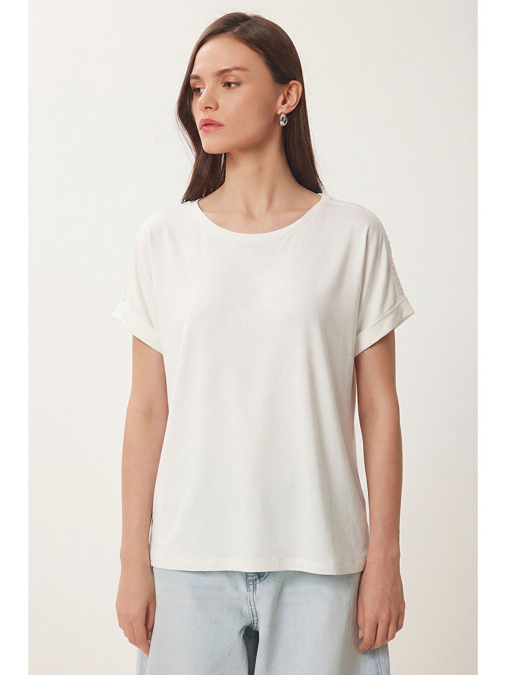 Ekru Güpür Detaylı Viskon T-shirt EKRU LRN0006-2