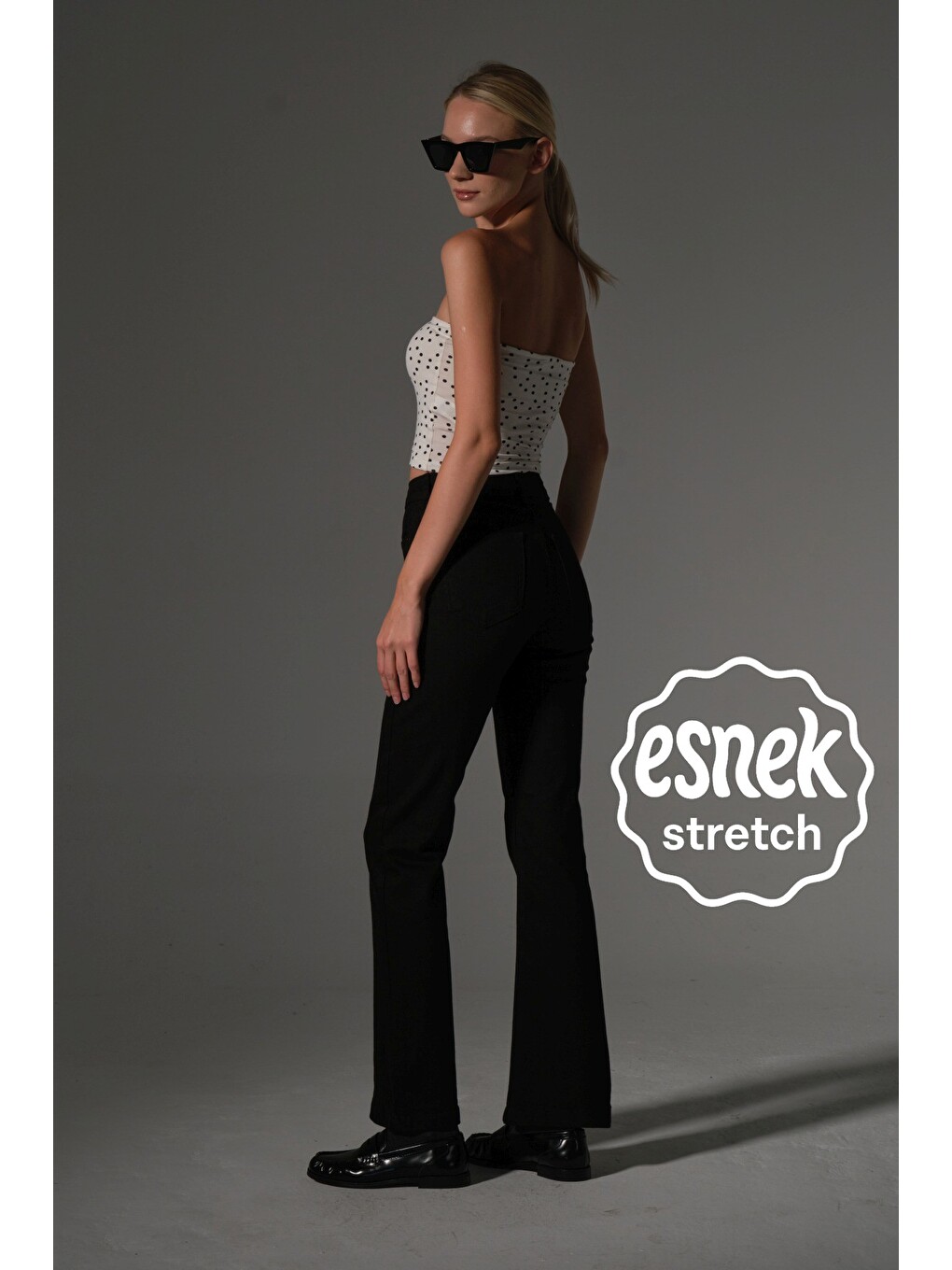 Siyah Yüksek bel kot, ispanyol paça esnek denim kumaş kadın fit and Flare jean pantolon @flares